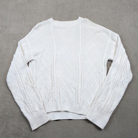 Edikted Preppy Cable Knit Sweater S White Cotton Diamond Knit Crewneck Pullover — photo 2